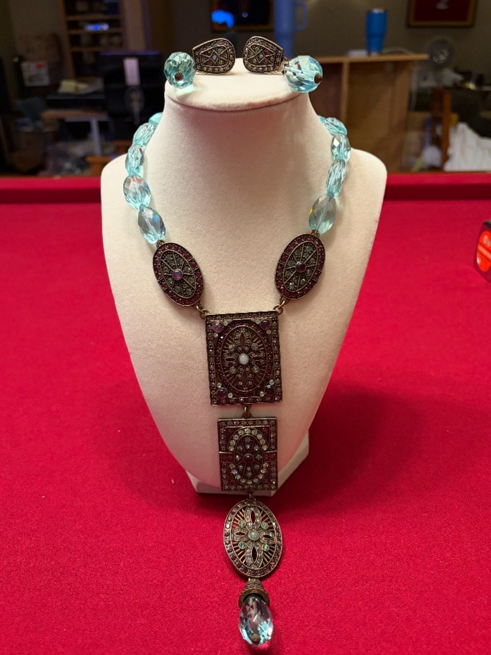 Heidi Daus Aqua Crystal Necklace Earrings Set Vintage Style